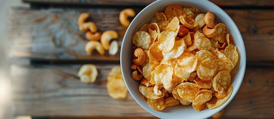 Poster - Close up of a bowl filled with crispy salty snacks like nuts and chips on a wooden backdrop perfect for a bar party showcasing unhealthy junk food with space for additional images