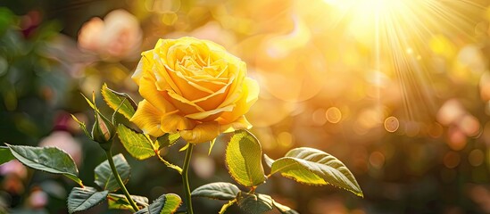 Poster - A stunning yellow rose is blossoming in a garden with a sunny background providing a beautiful copy space image