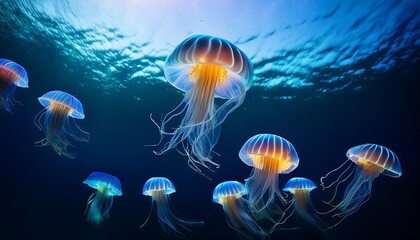 Wall Mural - bioluminescent jellyfish in the deep