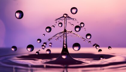 Poster - a cluster of droplets cascading onto one another against a backdrop of purplish pink skies