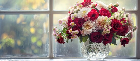 Poster - A charming floral arrangement of red roses white chrysanthemums and delicate pink blooms in a crystal vase placed by the window creating an elegant copy space image