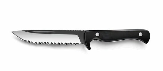 Serrated blade kitchen knife with a black plastic handle isolated on a white background providing copy space in a side view image