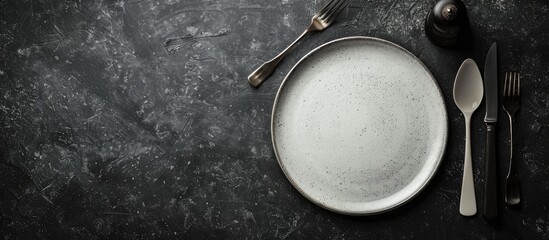 Poster - Dark textured concrete background with an empty ceramic round plate set for dinner accompanied by cutlery in a copy space image