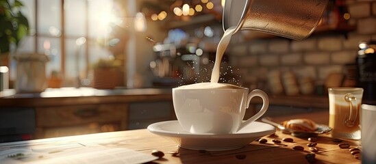 Aufkleber - In a studio setting milk is being poured into freshly brewed coffee in a professional setup with a designated area for inserting images. Creative banner. Copyspace image