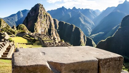 Canvas Print - stone podium for product showcase in majestic machu picchu landscape