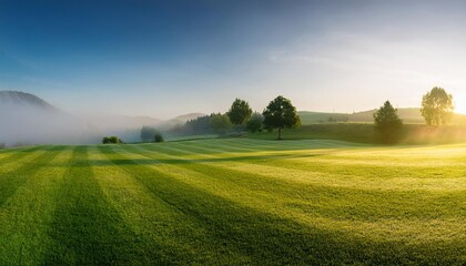 Wall Mural - beautiful summer natural landscape with lawn with cut fresh grass in early morning with light fog panoramic spring background