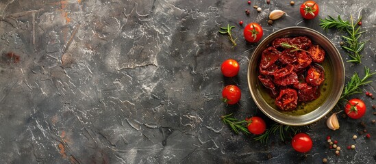 Poster - Top down view of sun dried tomatoes in olive oil seasoned with thyme and garlic placed on a rustic stone table with a blank space for images. Creative banner. Copyspace image