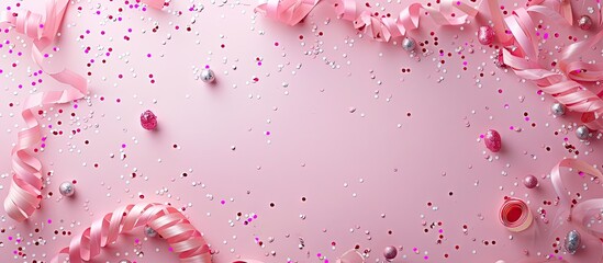 Poster - Pastel pink background with streamers confetti and a copy space image perfect for birthday party decorations