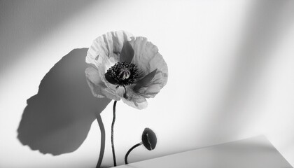 Wall Mural - black and white monochrome poppy flower with sun light shades minimal stylish still life floral composition with sunlight shadows