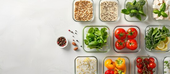 Aufkleber - Nutritious food displayed in glass containers with ingredients on a white background in a flat lay composition suitable for adding text in copy space image