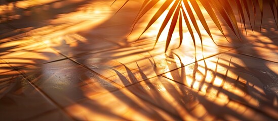 Poster - Morning sun creates a shadow of leaf on floor tiles with palm branches offering a high quality photo with copy space image