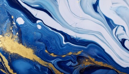 Poster - abstract blue marble texture with gold splashes liquid paint art