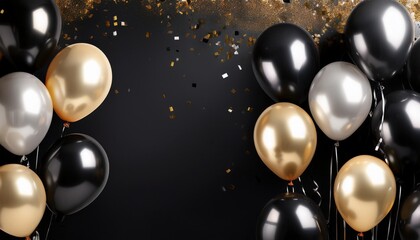 Sticker - black and silver balloons with gold confetti on black background