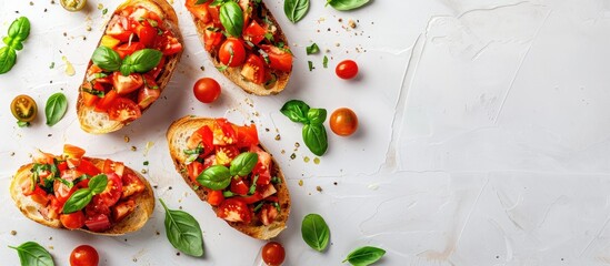 Poster - Top down view of cheesy bruschetta with tomatoes and basil on a white tiled surface allowing for copy space image