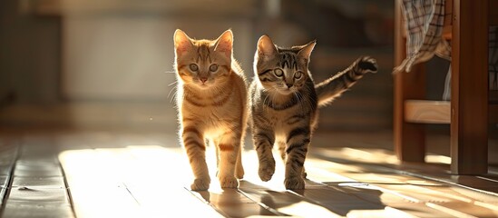 Poster - Two felines strolling indoors with a copy space image