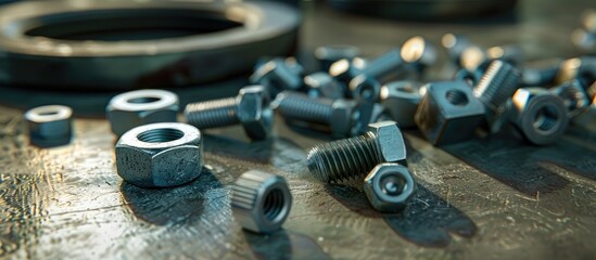 Poster - Bolts and nuts laid out on a desk with available copy space image