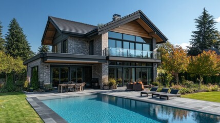 Poster - A large house with a pool and a patio