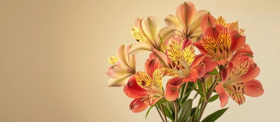 Poster - Alstroemeria flowers arranged in a vase against a soft beige backdrop with room for text in the image. Creative banner. Copyspace image
