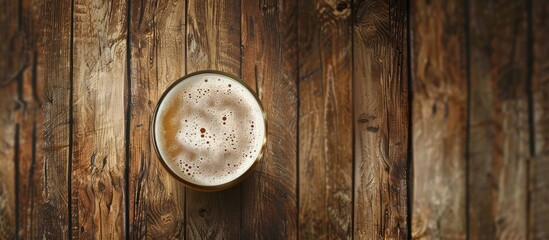 Poster - Top view of a teku glass with beer on a wooden table featuring copy space for images