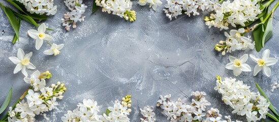 Aufkleber - A floral frame with white lilac and daffodils arranged on a gray surface featuring an empty area in the center for text perfect for a flat lay image with space for copy