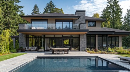 Poster - A large house with a pool and a patio