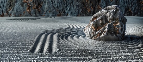 Poster - Japanese rock garden with raked lines symbolizing Zen concept featuring copy space image