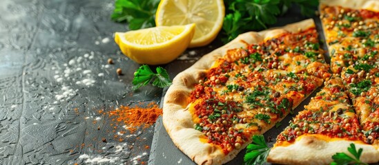 Poster - Detailed shot of Turkish lahmacun flatbread garnished with spices lemons and parsley against a plain background with a copy space image