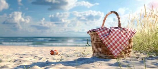 Poster - Sunny beach setting with an empty summer picnic basket and copy space image for products creating a summer themed background