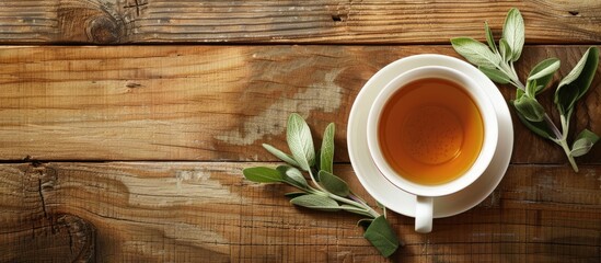 Poster - Top view of an herb infused tea in a cup alongside sage on a wooden table providing ample copy space image
