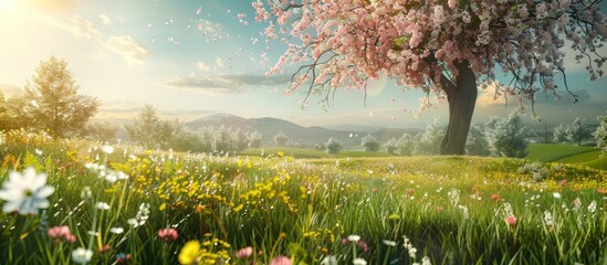 Poster - Spring concept landscape image with blooming flowers in a meadow showcasing green nature and copy space for text representing Earth s springtime beauty