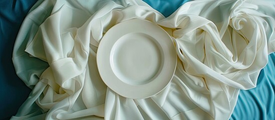 Poster - White porcelain plate on linen cover with a blue background perfect for food styling in a flat lay copy space image