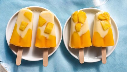 Wall Mural - bright and summery mango yoghurt and honey cheesecake popsicles delightful stock photo