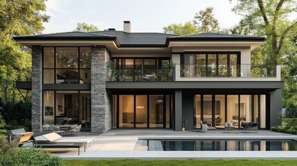 Poster - A large house with a pool and a patio