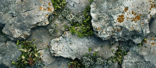 Poster - Close up view from above showing the detailed texture of stone with moss and lichen ideal for a wallpaper with copy space image