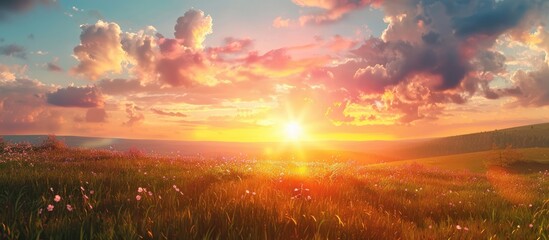 Aufkleber - Vivid natural sunset over meadow with dramatic sky in the countryside featuring a panorama landscape with copy space image