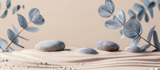 Poster - Minimalistic background with round rock stones blue eucalyptus branches and beige sand ideal for product presentations with copy space image