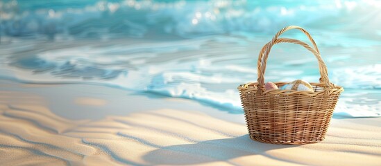 Poster - Sandy beach backdrop with a vacant summer picnic basket ideal for displaying items signaling a summer theme with ample copy space image