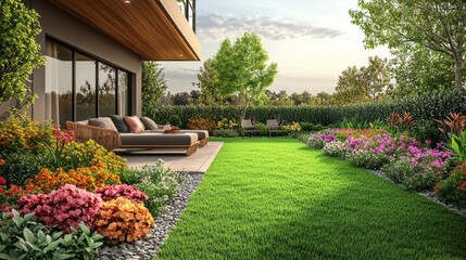 Poster - A lush green lawn with a wooden fence and a patio with a bench