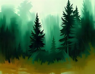 Poster - brush strokes background with deep greens and earthy browns reminiscent of a forest landscape create with ai