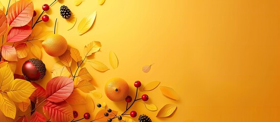 Wall Mural - Autumn themed decorations on paper circle against yellow background with copy space image