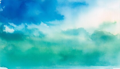 Poster - blue green sea sky gradient watercolor background with clouds texture