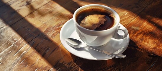 Poster - An elegant dining table setting showcasing a cup of black coffee accompanied by a spoon leaving room for a copy space image