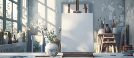 Aufkleber - Artist s workplace with ceramic vase brushes easel and blank canvas in the background ideal for a copy space image