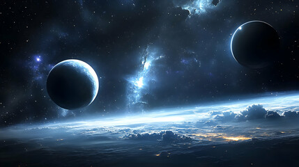 Wall Mural - A breathtaking view of a planet with stars and a nebula in the background.