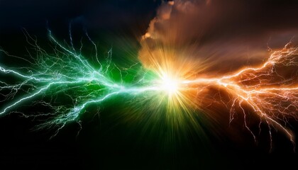 Wall Mural - orange and green lightning hitting each other colorful lightning forcce of nature