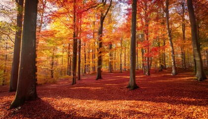 Wall Mural - a vibrant autumn forest with trees displaying a spectrum of red orange and yellow leaves generative ai