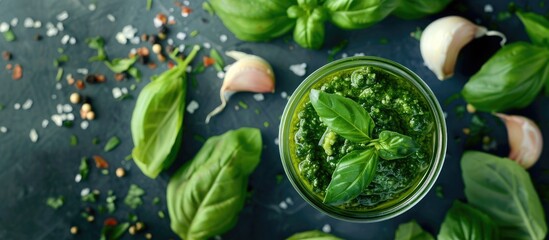 Poster - Fresh basil leaves and garlic are arranged around a glass jar of pesto sauce in a visually appealing composition with a designated copy space image