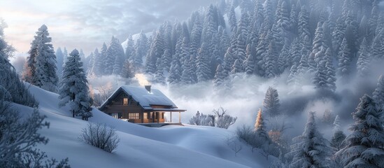 Aufkleber - A charming cabin surrounded by snowy trees on misty mountain slope with copy space image