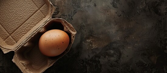 Wall Mural - Egg in carton box on a dark textured background with space for copy image