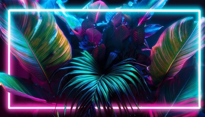 Wall Mural - a creative illustration of an exotic jungle with neon accents highlighting the lush foliage framed by a glowing neon border for an eye catching design